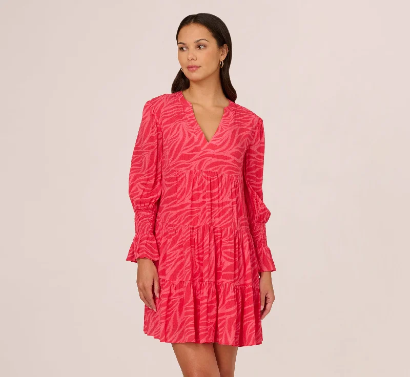 Chic wedding guest dresses for evening ceremonies with a touch of glamour -Leaf Print Tiered Shift Dress With Long Bell Sleeves In Pink Multi