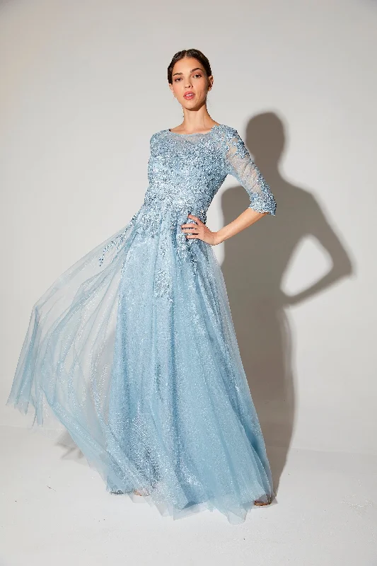 bridesmaid dresses with mesh panels for modern style --Lace Tulle 3/4 Sleeve A-line Gown by Eureka 9660