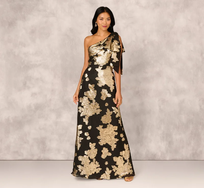 formal dresses for winter with long sleeves and velvet --One Shoulder Jacquard Gown In Black Gold