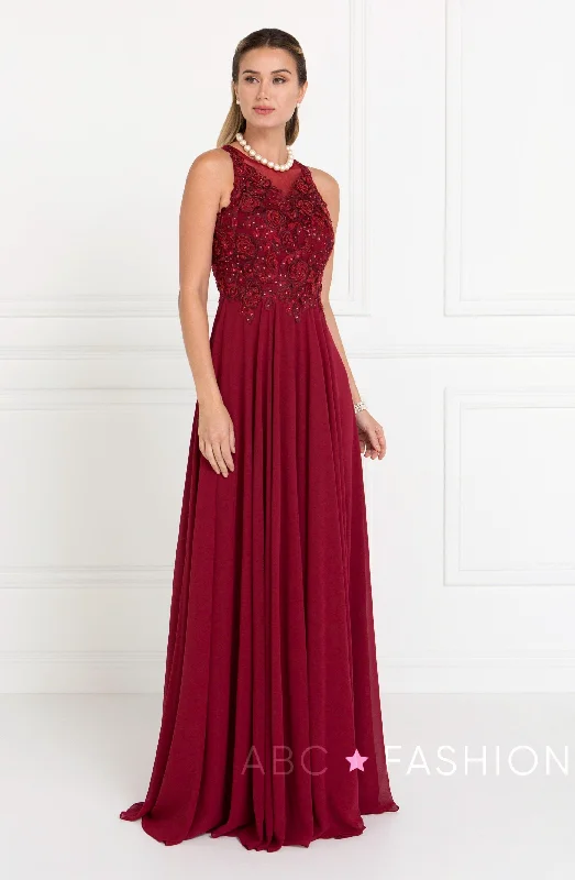 Wedding guest dresses in shades of blush for soft elegance -Long Embroidered Chiffon Dress by Elizabeth K GL1570