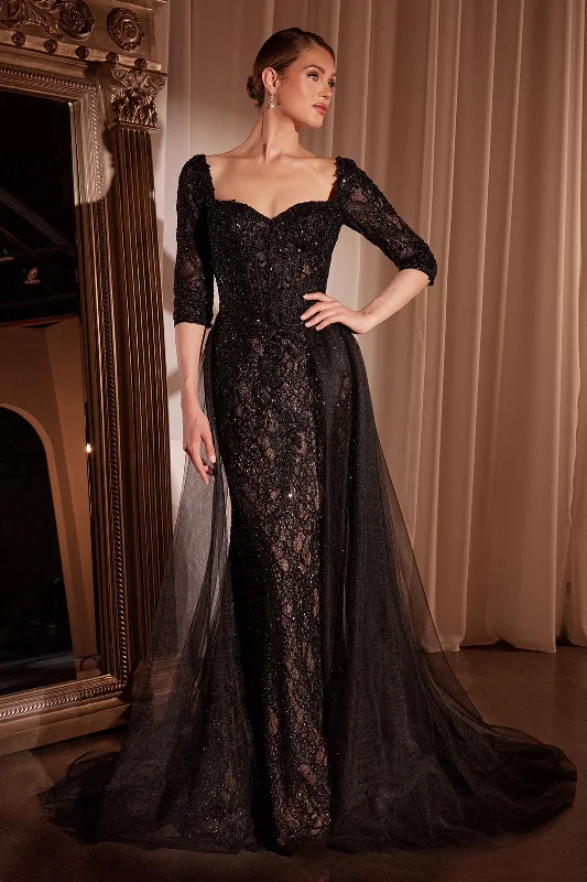 Wedding guest dresses with sleeves for extra coverage -Applique Mid-Sleeve Overskirt Gown by Ladivine CD749