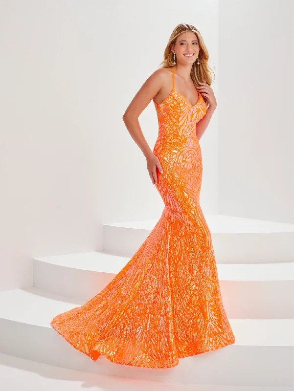 cocktail dresses with open backs for summer parties --Sequin Print V-Neck Mermaid Dress by Tiffany Designs 16016