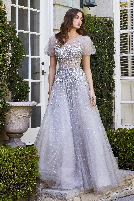 formal dresses with side slits for ease of movement --Beaded Short Sleeve Ball Gown by Cinderella Divine B708