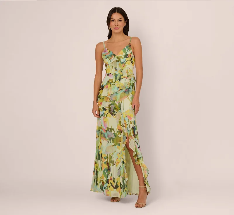 formal dresses for holiday balls with metallic accents --Sleeveless Floral Chiffon Ruffle Cascade Gown In Green Multi