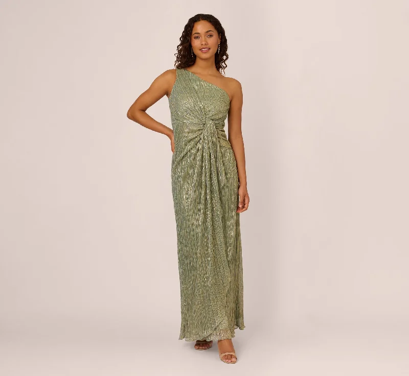 formal dresses with mesh sleeves for subtle coverage --Stardust Pleated Draped One Shoulder Gown In Green Slate