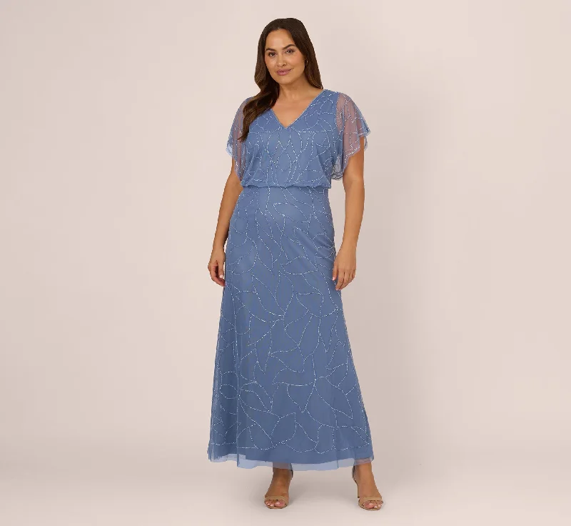 formal dresses for winter galas with fur collars --Plus Size Beaded Blouson Mermaid Gown With Sheer Dolman Sleeves In French Blue