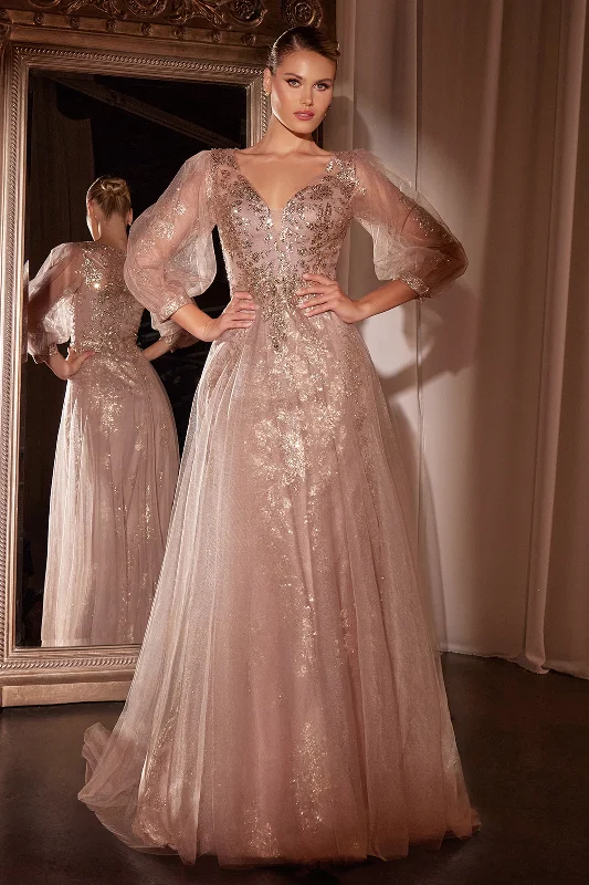 Gorgeous floral wedding guest dresses for summer outdoor weddings -Beaded Long Sleeve A-line Gown by Ladivine CD0102 - Outlet