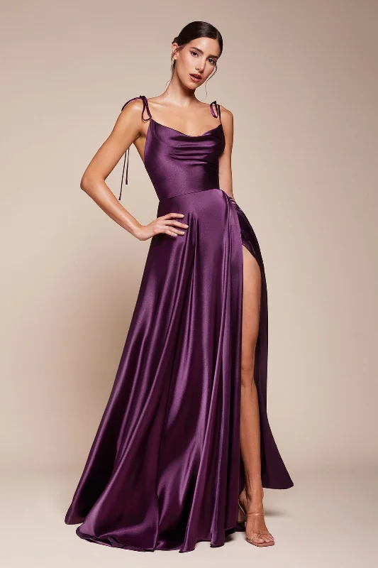 cocktail dresses with pleated skirts for elegant flow --Long Satin A-line Dress by Cinderella Divine BD104 - Outlet