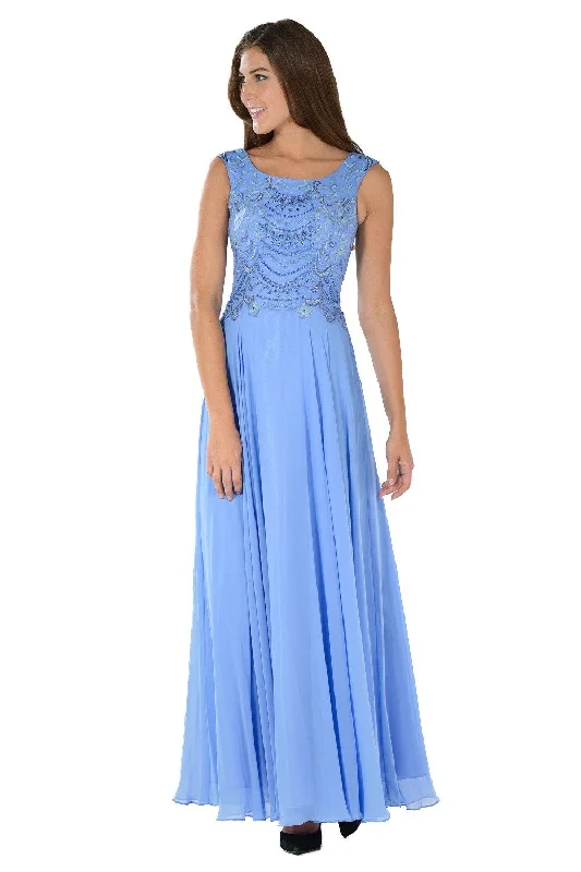 Simple but stylish dresses for minimalist wedding guests -Long Sleeveless Dress with Embellished Bodice by Poly USA 7810