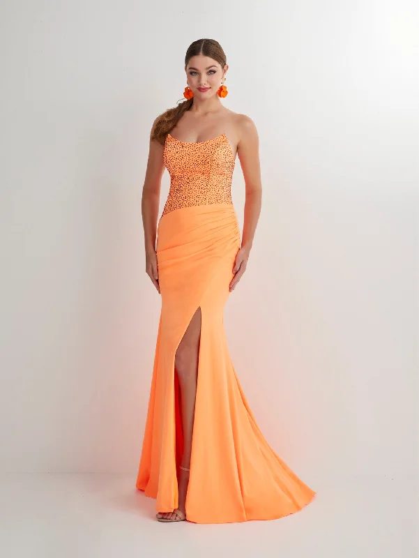 cocktail dresses with floral lace for romantic style --Beaded Spandex Strapless Slit Gown by Studio 17 12899