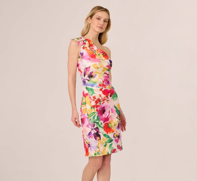 Spring dresses with empire waistlines for a flattering silhouette -One Shoulder Rosette Floral Sheath Dress In Pink Multi