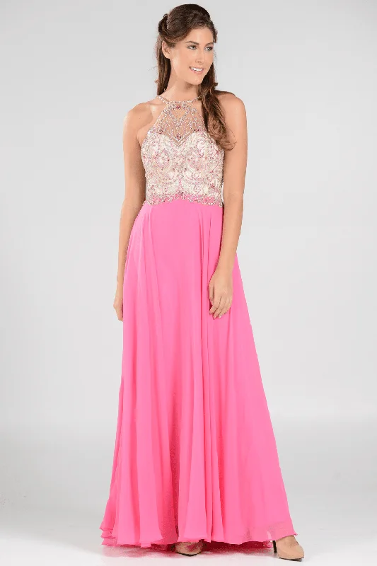 formal dresses with floral appliques for romantic looks --Long High Neck Dress with Beaded Illusion Bodice by Poly USA 7826