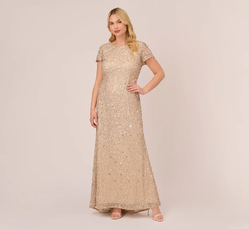 formal dresses for office parties with knee-length cuts --Plus Size Scoop Back Sequin Gown In Champagne