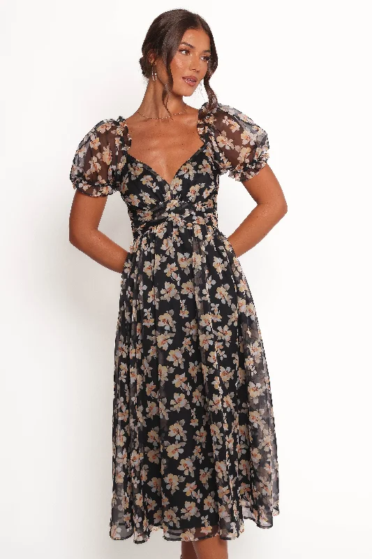 Trendy wedding guest dresses for modern bridesmaids -Farryn Maxi Dress - Black Beige Floral