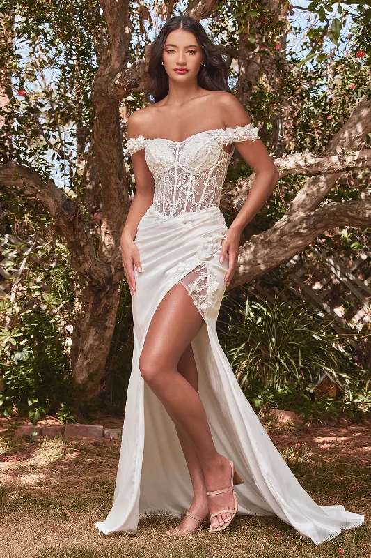 Wedding guest dresses in metallic shades for a chic look -White Fitted 3D Floral Gown by Cinderella Divine CD0186W