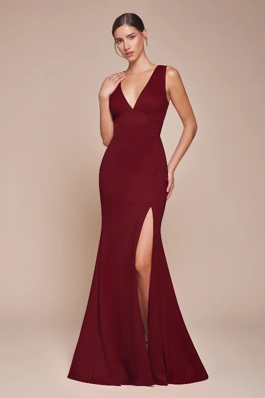 bridesmaid dresses with open backs and crisscross straps --Fitted Sleeveless Slit Gown by Ladivine CH395