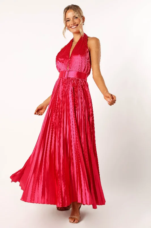 formal dresses for winter weddings with velvet and long sleeves --Greta Halterneck Maxi Dress - Magenta