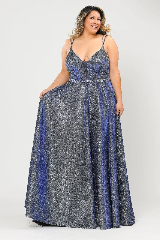Chic wedding guest dresses that are perfect for spring -Plus Size Long V-Neck Metallic Glitter Dress by Poly USA W1048