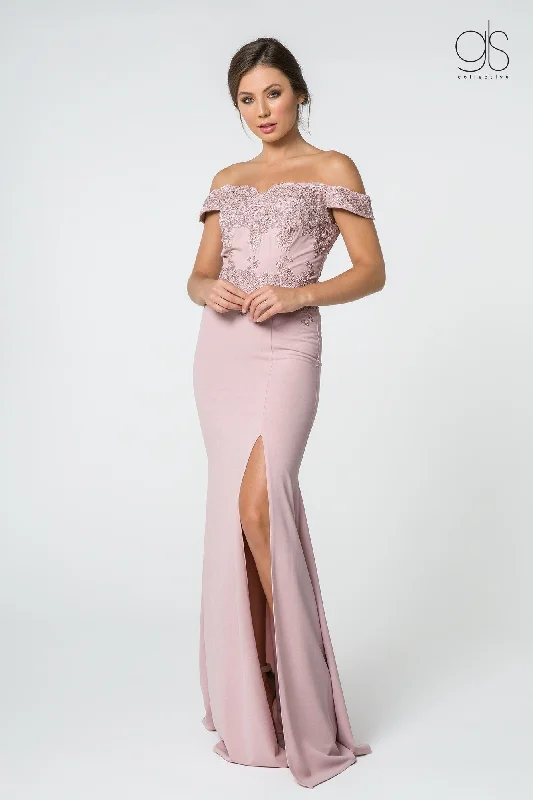 Wedding guest dresses that complement gold jewelry -Embroidered Long Off Shoulder Dress with Slit by Elizabeth K GL2708