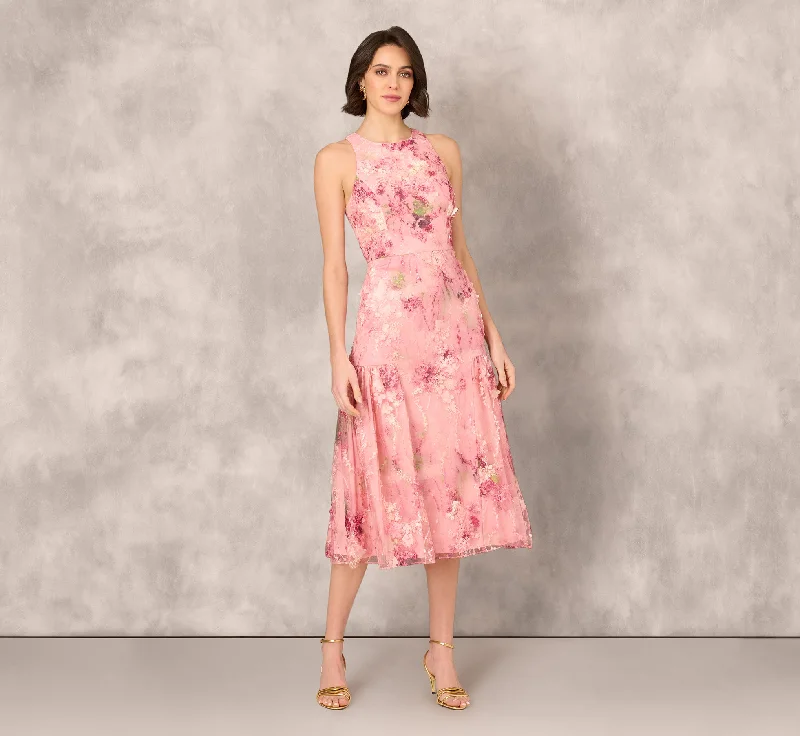 Wedding guest dresses for summer outdoor ceremonies -Sleeveless Embroidered Side Flounce Midi Dress In Pink Multi
