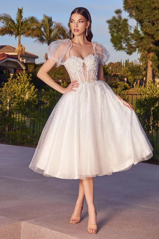 Graduation dresses with a sweetheart neckline for a romantic touch -White Short Sleeve Tea Length Dress by Ladivine CD0187W