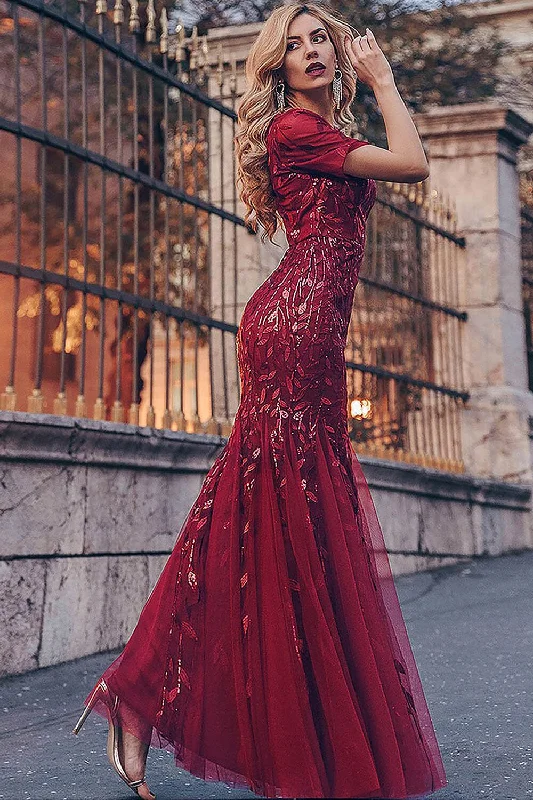 Wedding guest dresses that work well with metallic accessories -Applique Fitted Short Sleeve Gown by Amelia Couture 7707