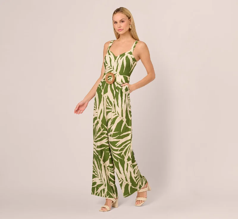 Spring dresses with sheer overlays for a delicate touch -Sleeveless Palm Leaf Wide Leg Jumpsuit In Green Ivory