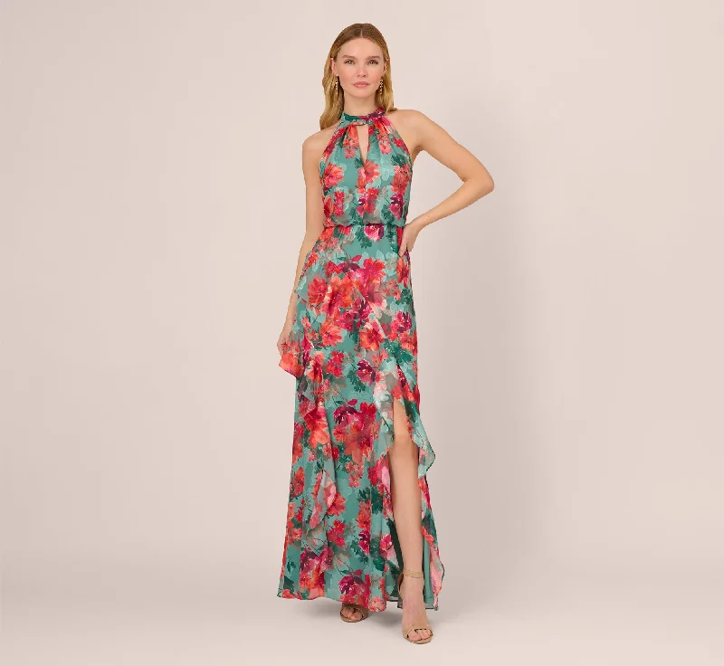 formal dresses in pastel colors for springtime events --Floral Printed Halter Mermaid Gown With Ruffle Details In Turquoise Multi