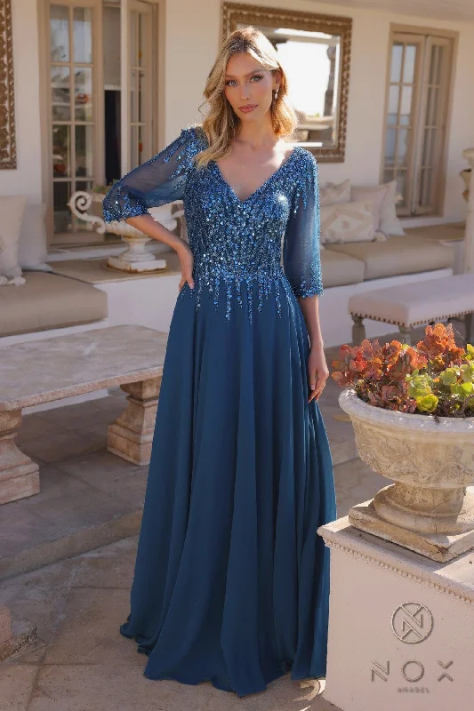 Wedding guest dresses with structured bodices for a polished look -Sequin Bodice 3/4 Sleeve A-line Gown by Nox Anabel MF100