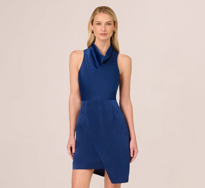 Spring dresses for casual weekends with a laid-back vibe -Satin Sleeveless Asymmetric Dress With Draped Neckline In Navy