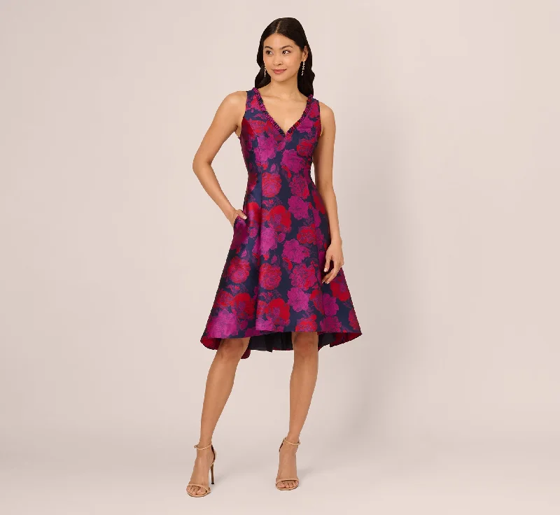 Spring dresses for a baby shower with fun patterns -Sleeveless Floral Jacquard Midi Dress With High Low Skirt In Navy Multi