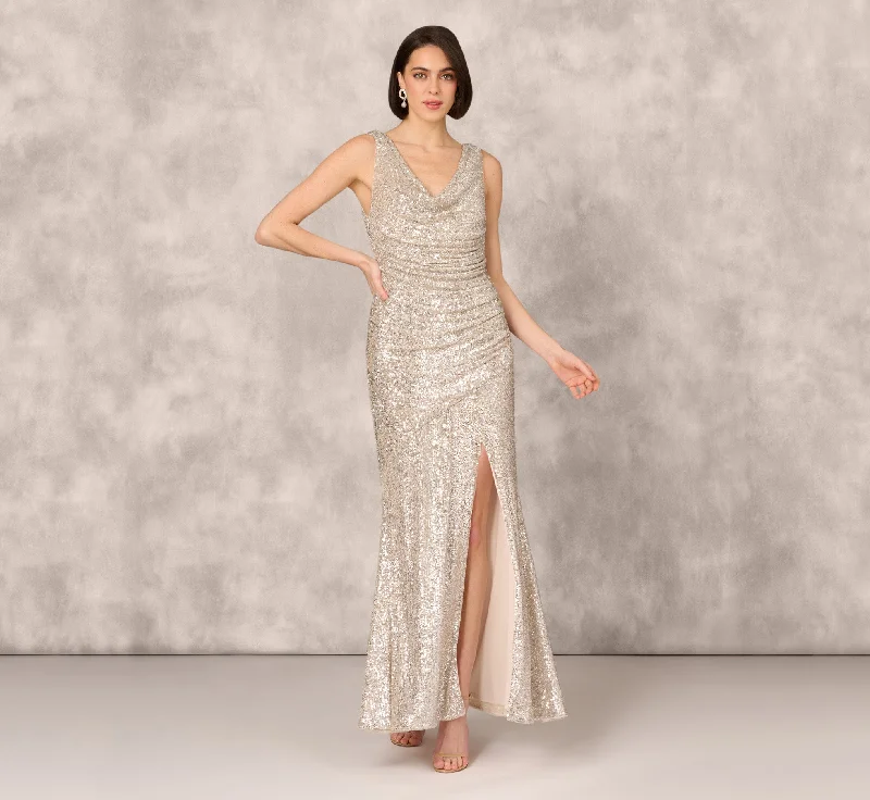 formal dresses for plus size women with A-line skirts --Stretch Sequin Sleeveless Cowl Neck Gown With Gathered Details In Champagne Silver