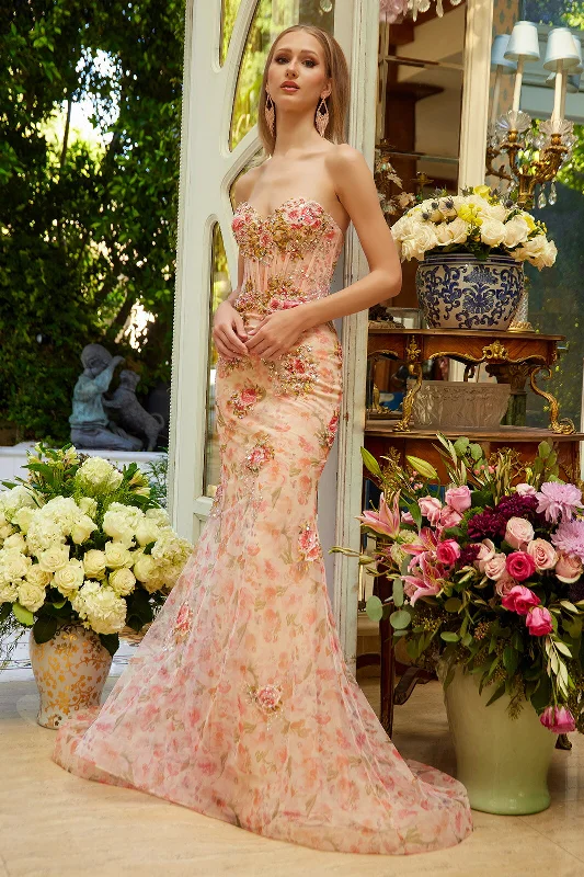 cocktail dresses with tiered skirts for playful movement --Floral Strapless Mermaid Dress by GLS Gloria GL3627