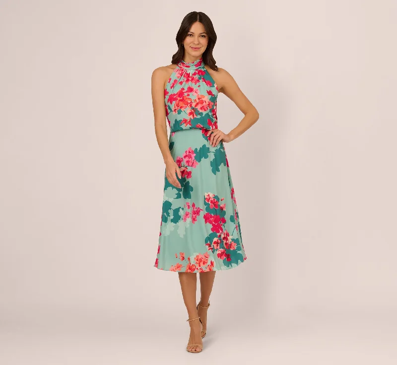 Wedding guest dresses in jewel tones for fall and winter weddings -Floral Chiffon Midi Halter Dress In Turquoise Multi