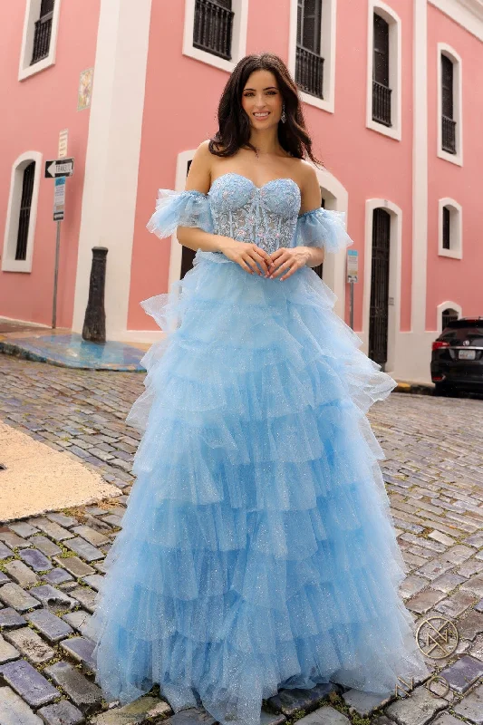 cocktail dresses with open shoulder designs for summer --Applique Strapless Corset Tiered Gown by Nox Anabel T1338
