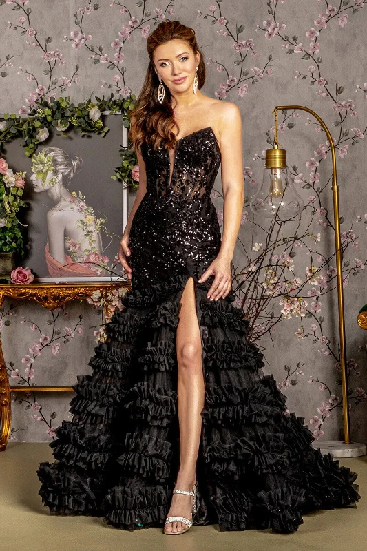 cocktail dresses with pleated skirts for elegant flow --Fitted Sequin Strapless Ruffled Slit Gown by GLS Gloria GL3315