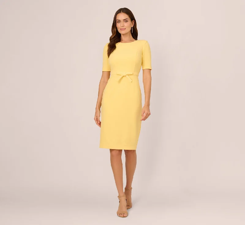 Elegant spring dresses for a formal event -Short Sleeve Bow Waist Sheath Dress In Warm Sun