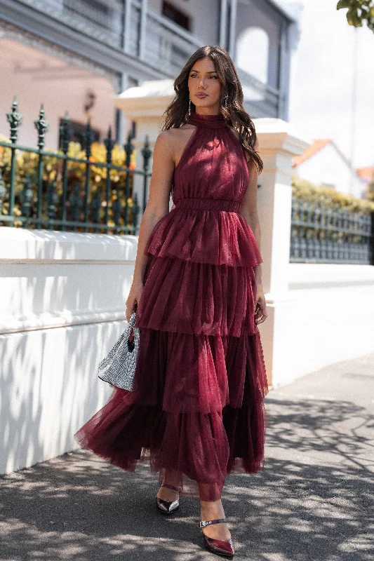 formal dresses for post-surgery patients with easy closures --Frances Halterneck Maxi Dress - Wine