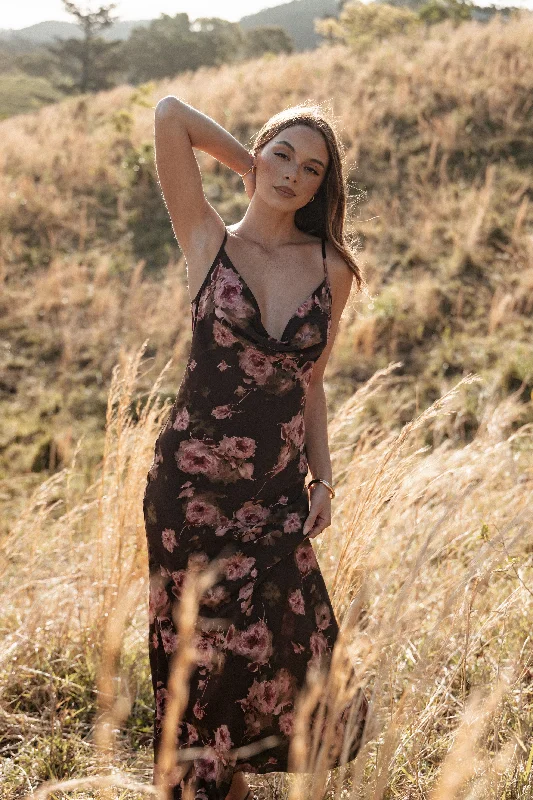 cocktail dresses with bow accents for feminine touch --Enya Maxi Dress - Chocolate Floral
