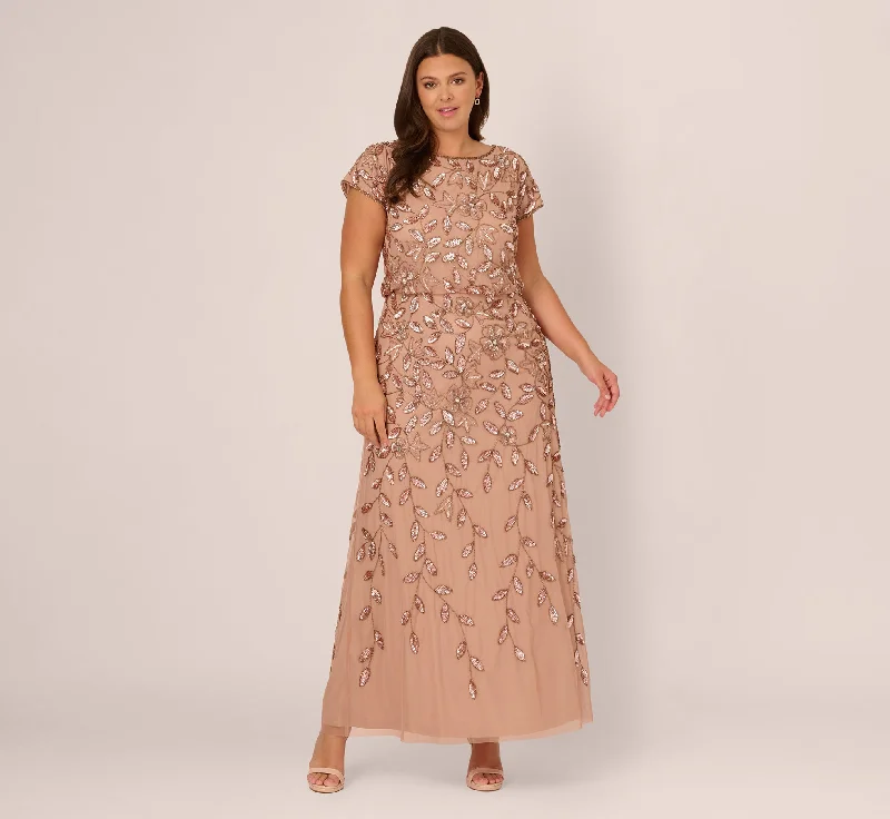formal dresses with satin sashes for waist accentuation --Plus Size Blouson Short Sleeve Beaded Long Dress In Rose Gold