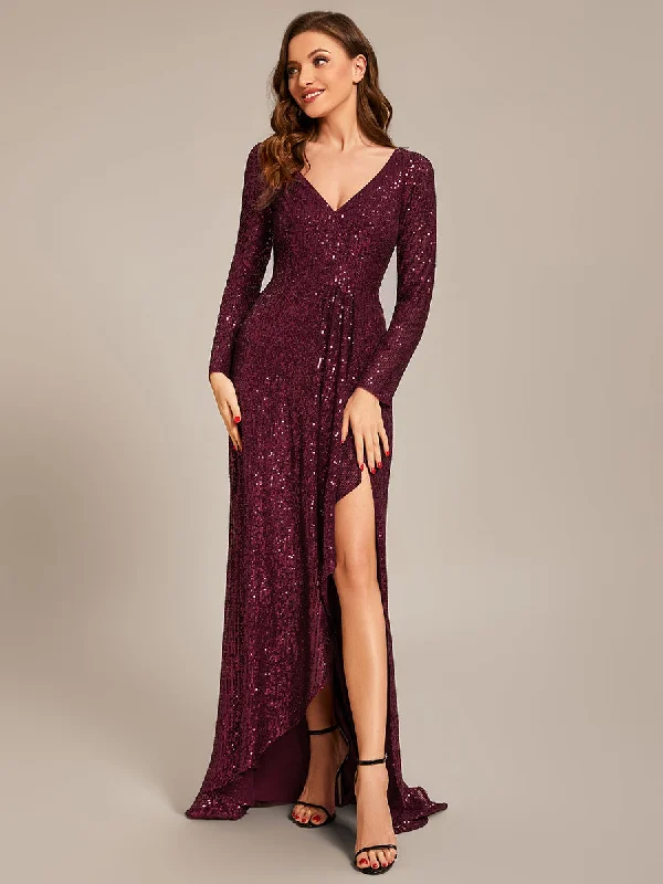 formal dresses for evening galas with sequin embellishments --Deep V Neck Long Sleeves Split Wholesale Evening Dresses Gowns