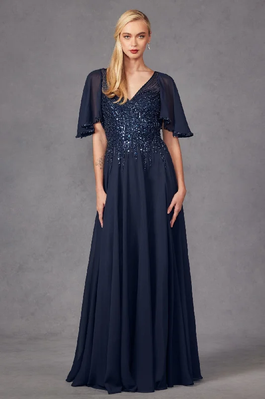 Fun and flirty wedding guest dresses for a celebration vibe -Embellished Chiffon Flutter Sleeve A-line Gown by Juliet JTM14F