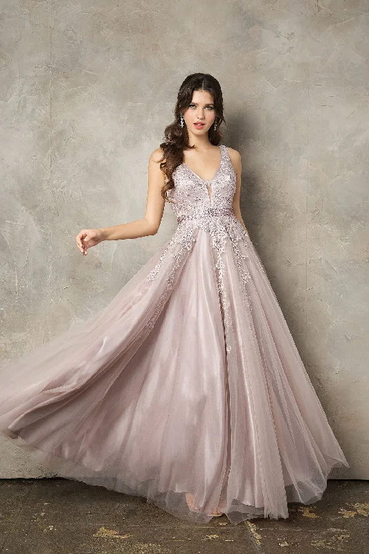 cocktail dresses with open shoulder designs for summer --Floral Applique Sleeveless A-line Tulle Gown by Juno 0950