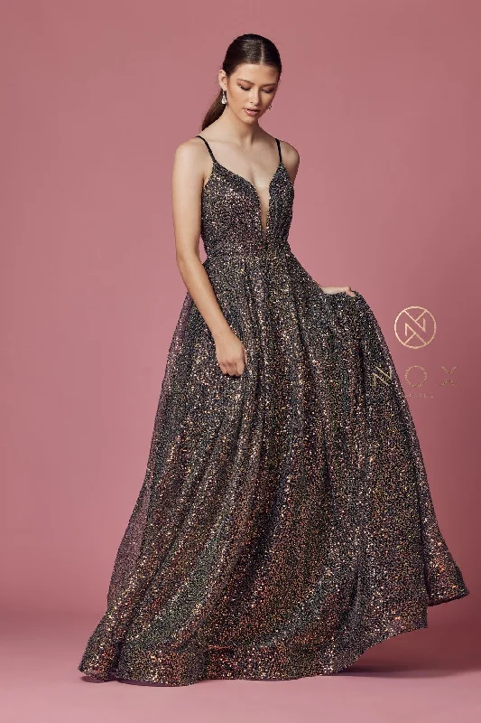 cocktail dresses with chiffon overlays for soft texture --Sleeveless Iridescent Glitter Gown by Nox Anabel R1030