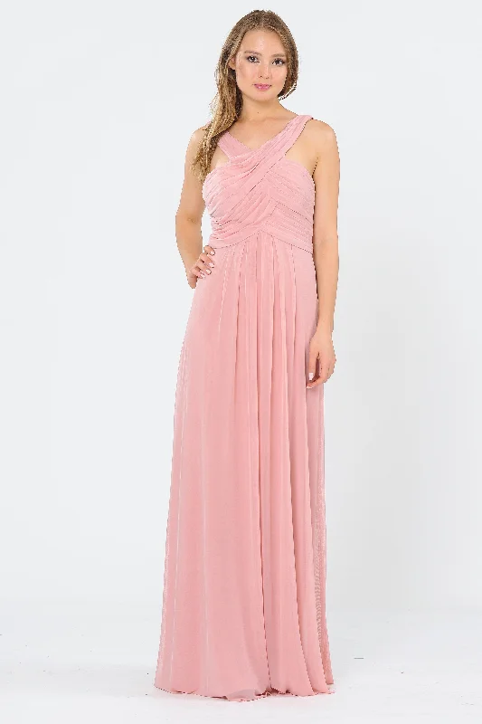 bridesmaid dresses with satin fabric for smooth finish --Long A-line Dress with Pleated Bodice by Poly USA 8554