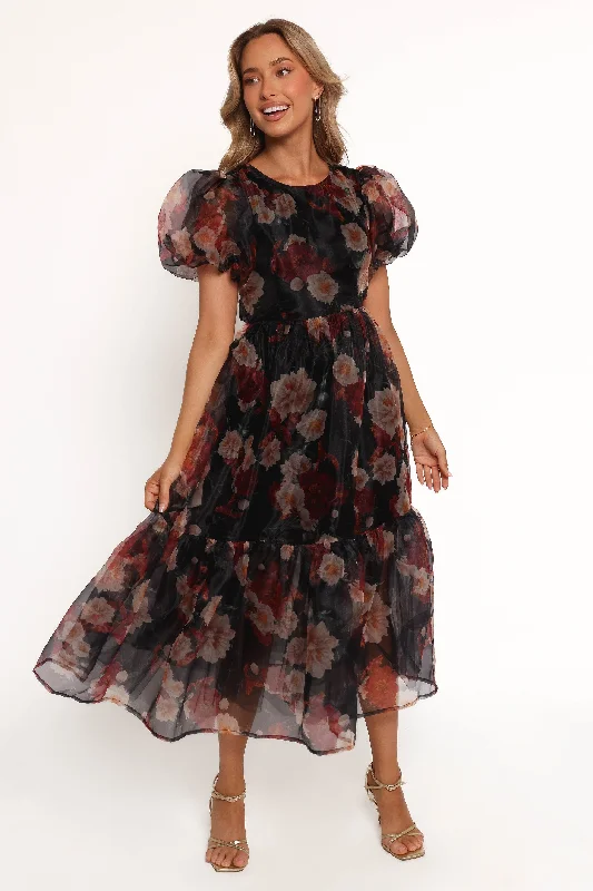 Wedding guest dresses with asymmetrical necklines for modern elegance -Elspeth Midi Dress - Black Floral