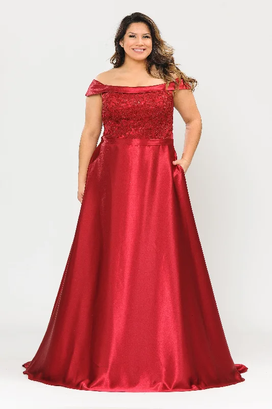 Sexy wedding guest dresses with back cutouts for added drama -Plus Size Embroidered Long Off Shoulder Dress by Poly USA W1064