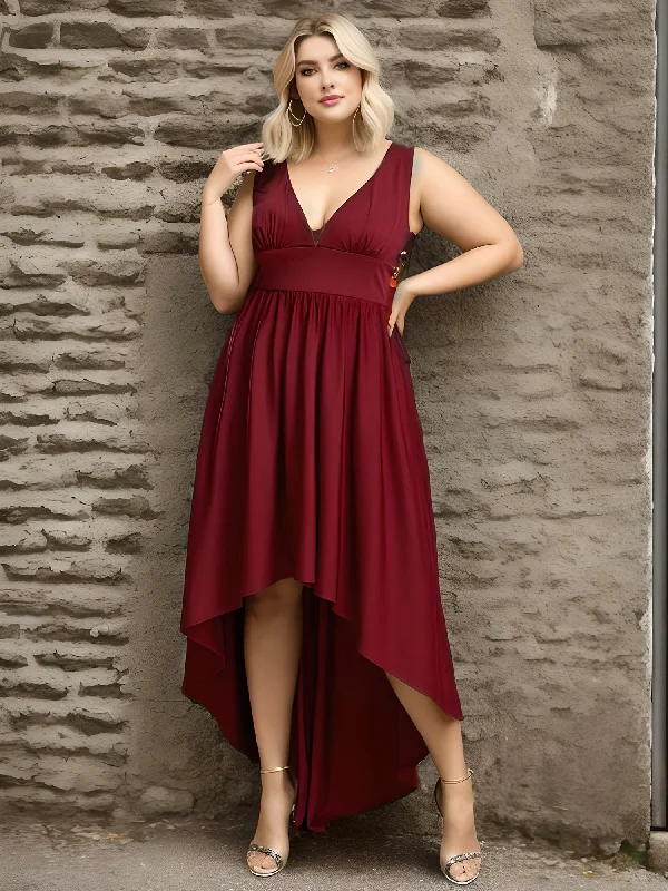 Wedding guest cocktail dresses for spring weddings -Plus High Low Deep V Neck Sleeveless Wholesale Bridesmaid Dresses