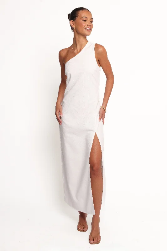 Graduation dresses with a flared skirt for added volume -Chandler One Shoulder Maxi Dress - White