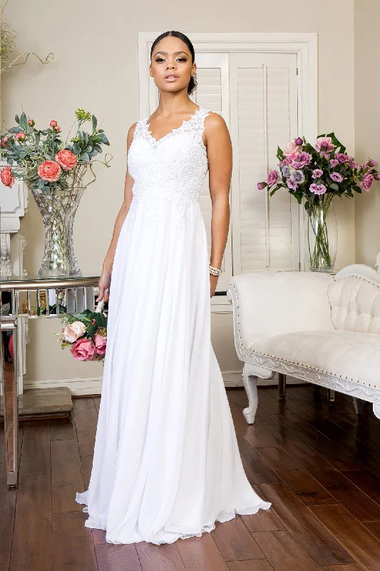 cocktail dresses with layered skirts for dramatic effect --White Long Applique V-Neck Dress by Elizabeth K GL2311